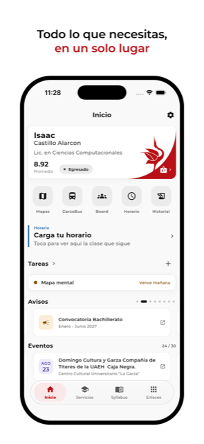 Pantalla principal con credencial, accesos y avisos